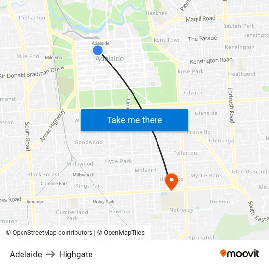 Adelaide to Highgate map