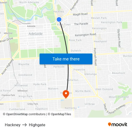 Hackney to Highgate map