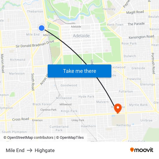 Mile End to Highgate map