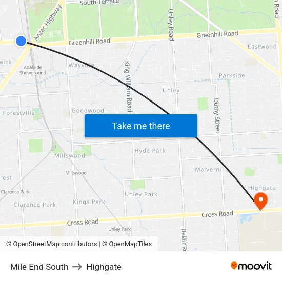 Mile End South to Highgate map
