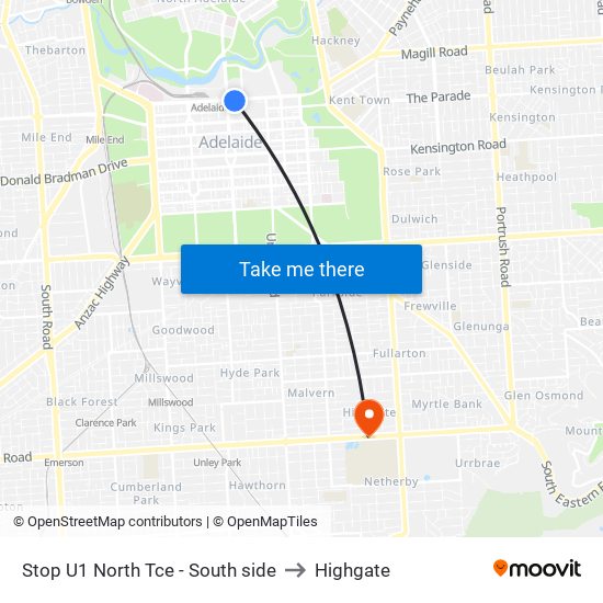 Stop U1 North Tce - South side to Highgate map