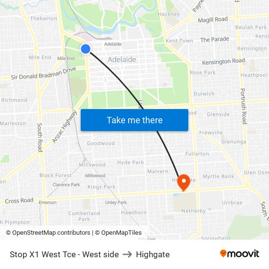 Stop X1 West Tce - West side to Highgate map