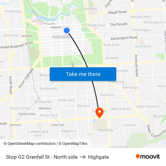 Stop G2 Grenfell St - North side to Highgate map