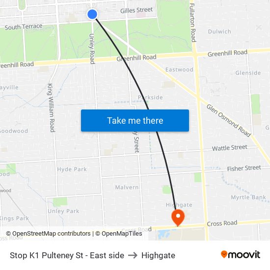 Stop K1 Pulteney St - East side to Highgate map