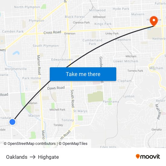 Oaklands to Highgate map