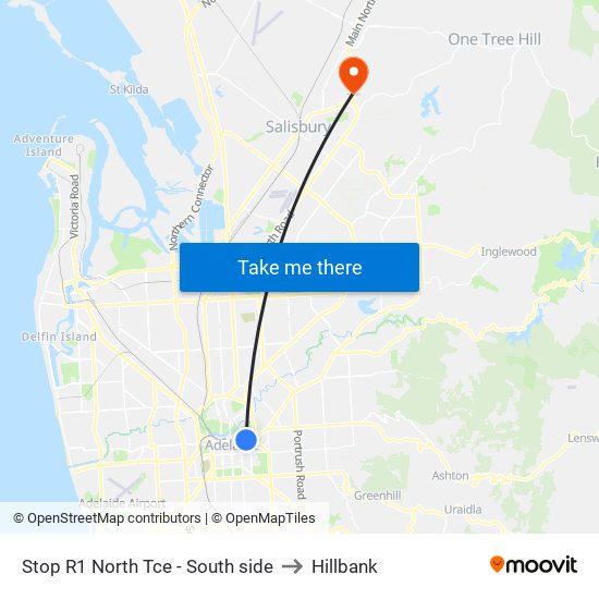 Stop R1 North Tce - South side to Hillbank map