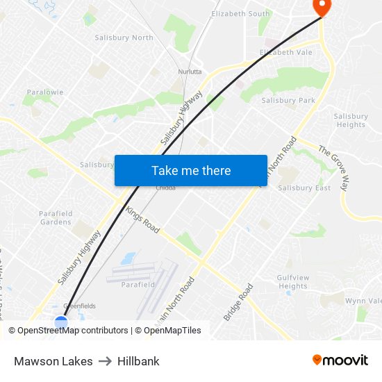 Mawson Lakes to Hillbank map