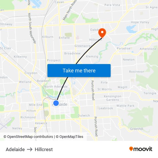 Adelaide to Hillcrest map
