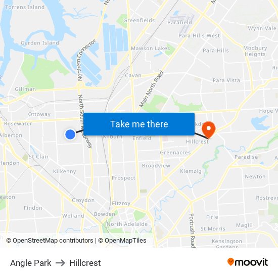 Angle Park to Hillcrest map
