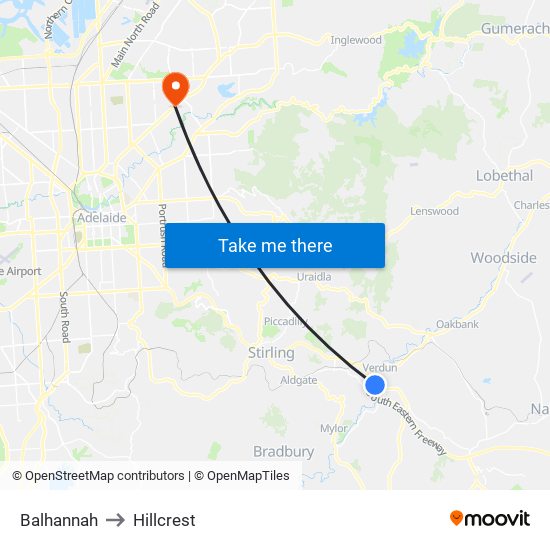 Balhannah to Hillcrest map