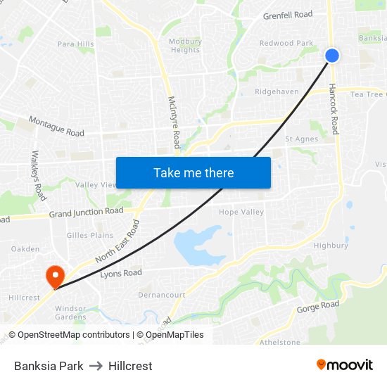 Banksia Park to Hillcrest map