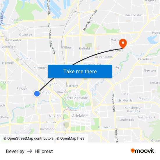Beverley to Hillcrest map