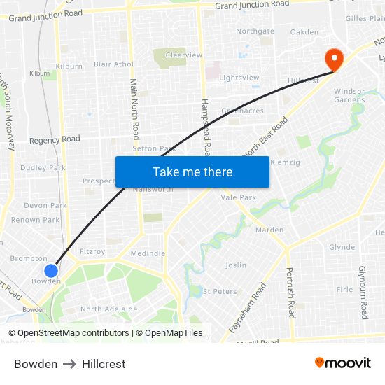 Bowden to Hillcrest map