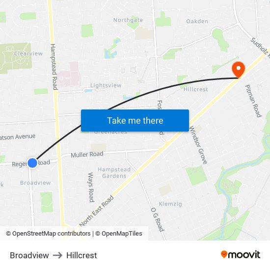 Broadview to Hillcrest map