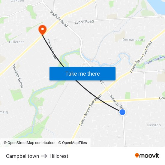 Campbelltown to Hillcrest map