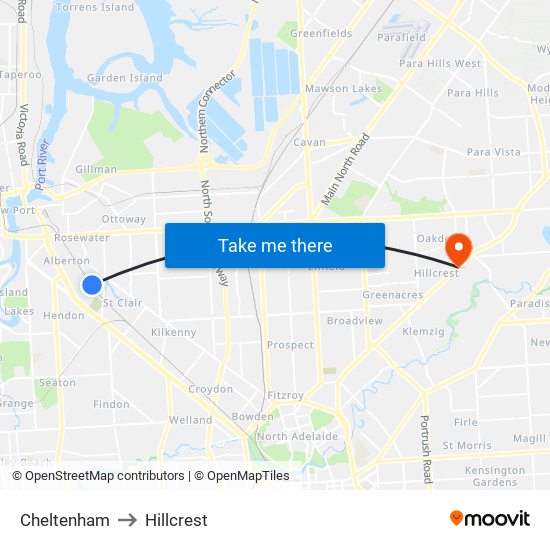 Cheltenham to Hillcrest map