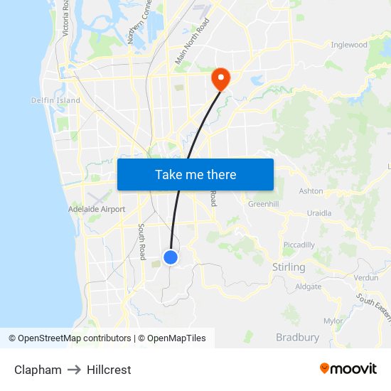 Clapham to Hillcrest map