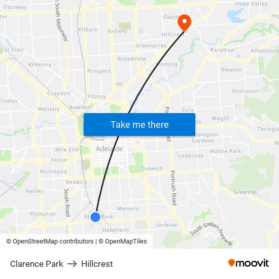 Clarence Park to Hillcrest map