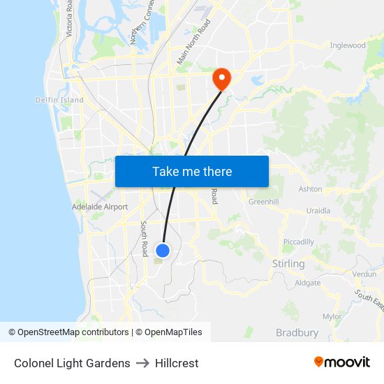 Colonel Light Gardens to Hillcrest map