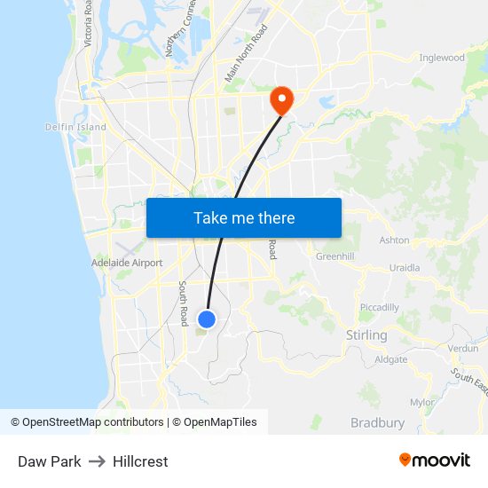 Daw Park to Hillcrest map