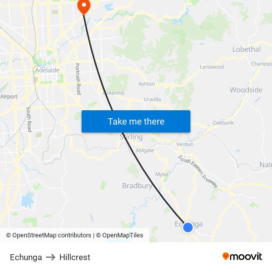 Echunga to Hillcrest map