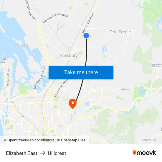 Elizabeth East to Hillcrest map