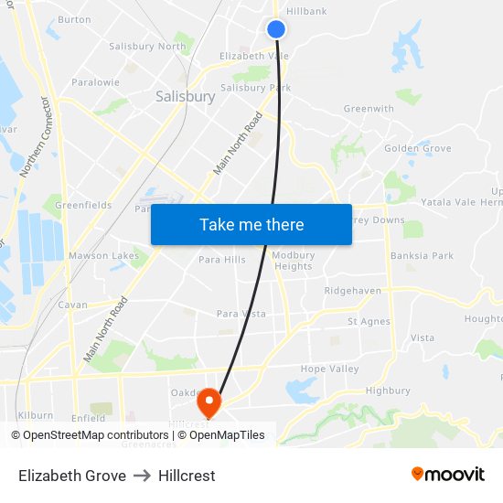 Elizabeth Grove to Hillcrest map
