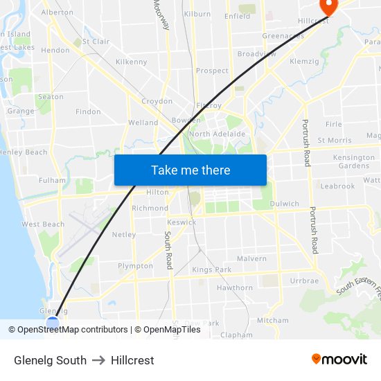 Glenelg South to Hillcrest map