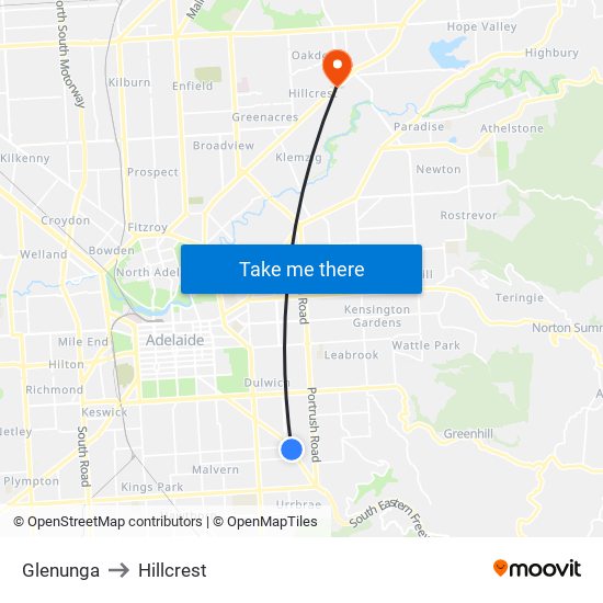 Glenunga to Hillcrest map