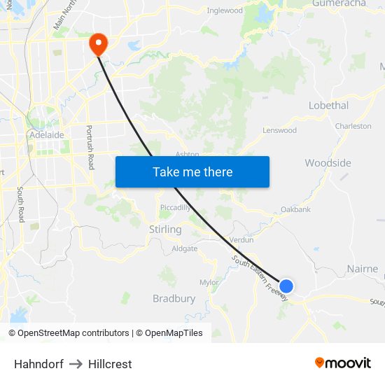 Hahndorf to Hillcrest map