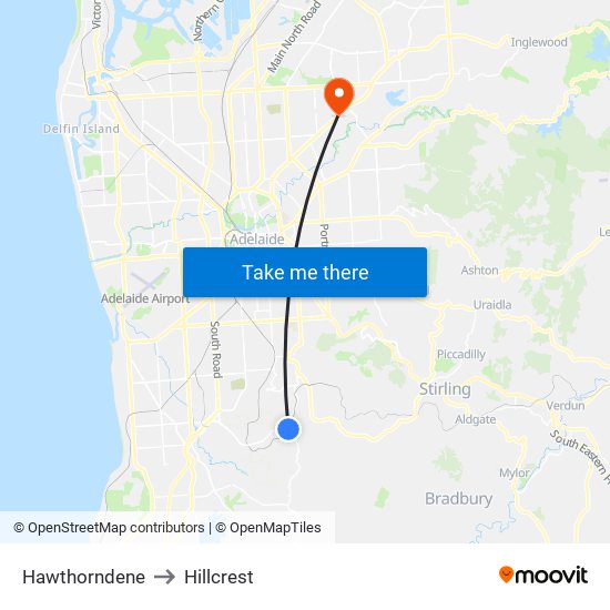 Hawthorndene to Hillcrest map