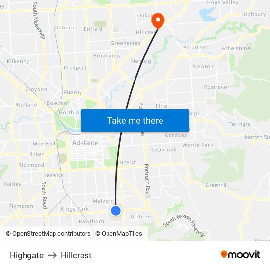 Highgate to Hillcrest map