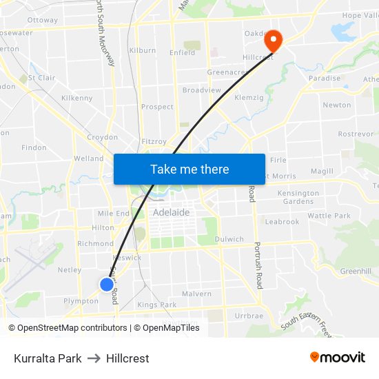 Kurralta Park to Hillcrest map