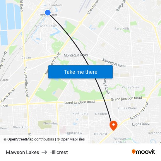 Mawson Lakes to Hillcrest map