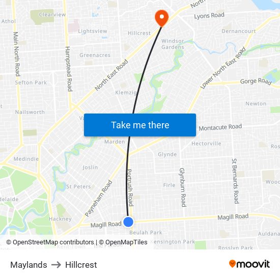 Maylands to Hillcrest map