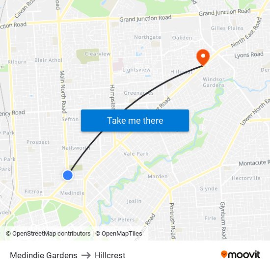 Medindie Gardens to Hillcrest map