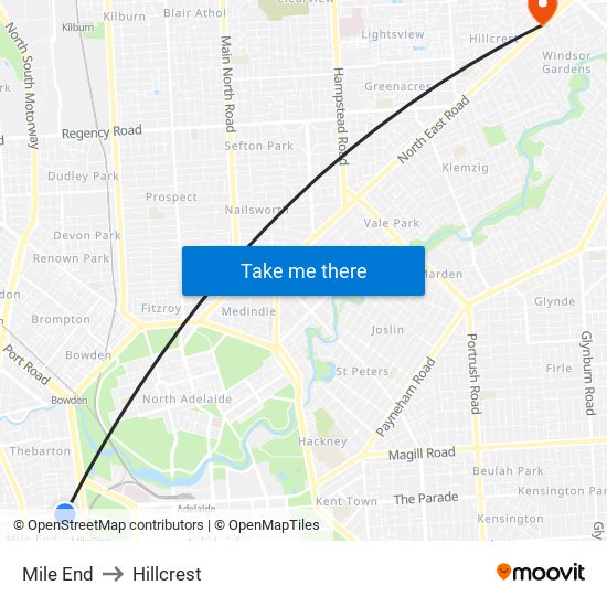 Mile End to Hillcrest map