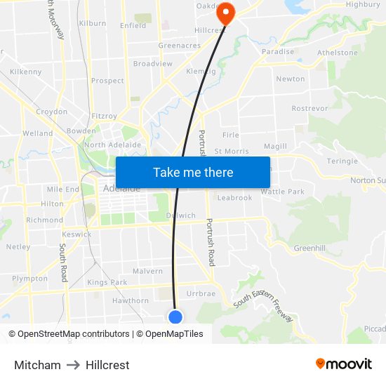 Mitcham to Hillcrest map