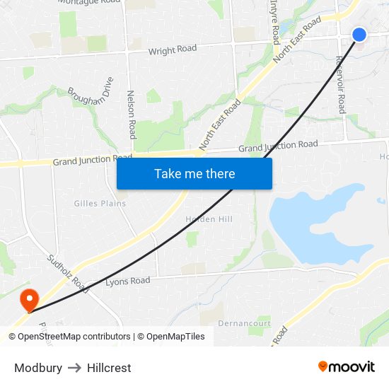 Modbury to Hillcrest map