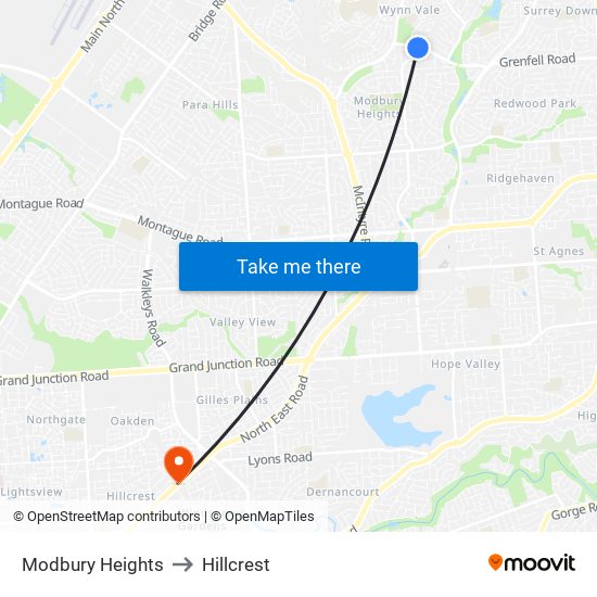 Modbury Heights to Hillcrest map