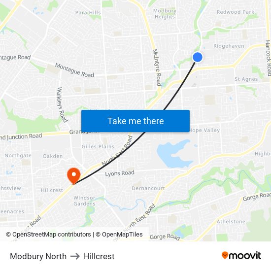 Modbury North to Hillcrest map