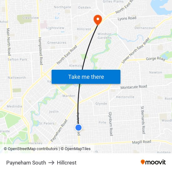 Payneham South to Hillcrest map