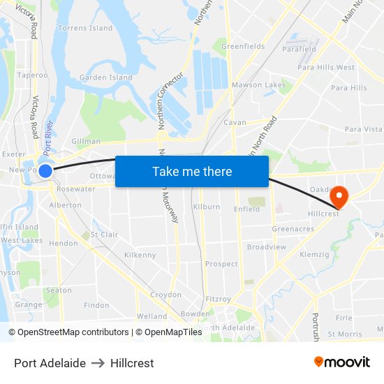 Port Adelaide to Hillcrest map