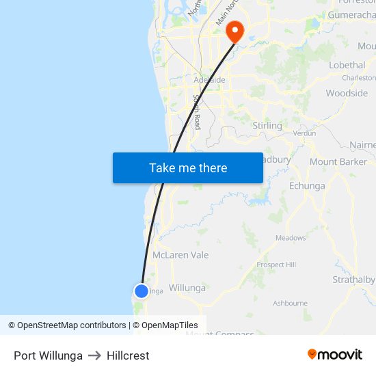 Port Willunga to Hillcrest map