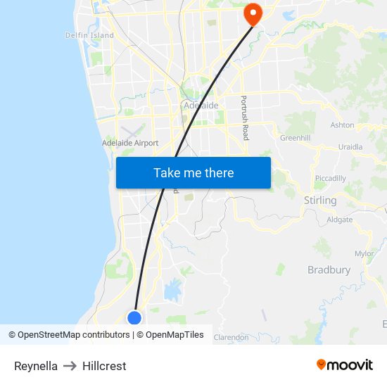 Reynella to Hillcrest map