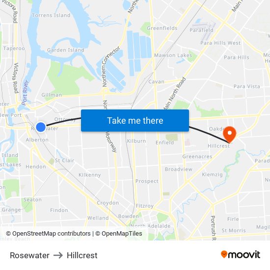 Rosewater to Hillcrest map