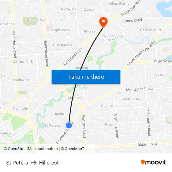 St Peters to Hillcrest map