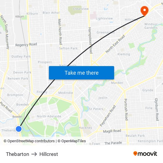 Thebarton to Hillcrest map