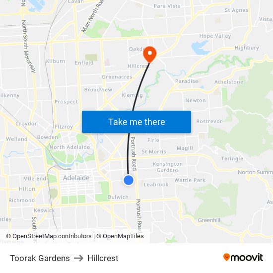 Toorak Gardens to Hillcrest map