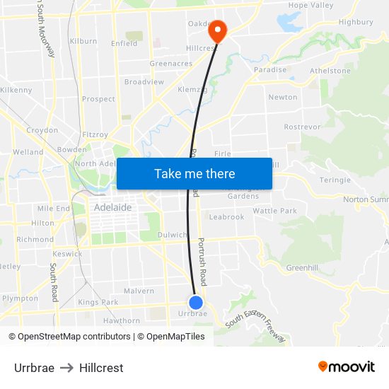Urrbrae to Hillcrest map